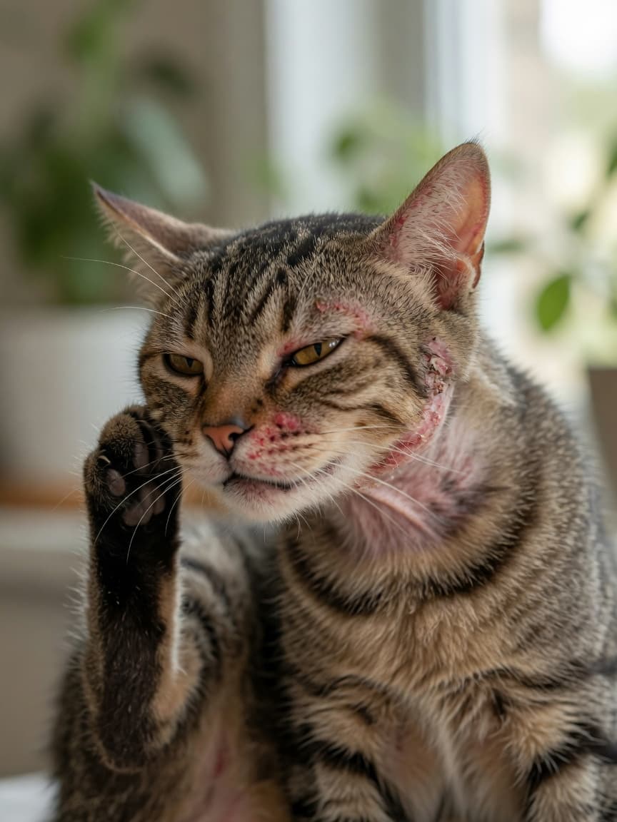 Close-up of a tabby cat's face and neck showing visible food allergy symptoms including inflamed skin around the ears and hair loss