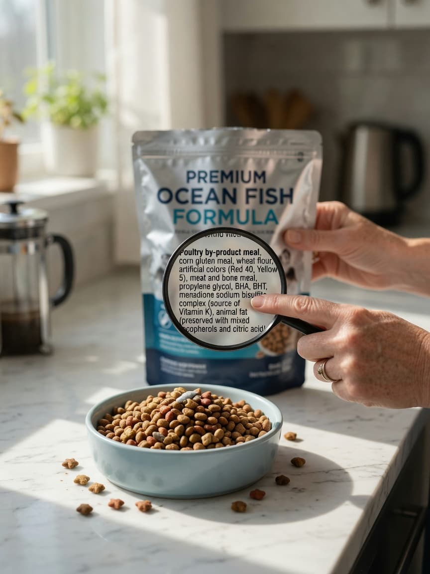 Cat food bowl with kibble and owner examining ingredient label with magnifying glass on kitchen counter