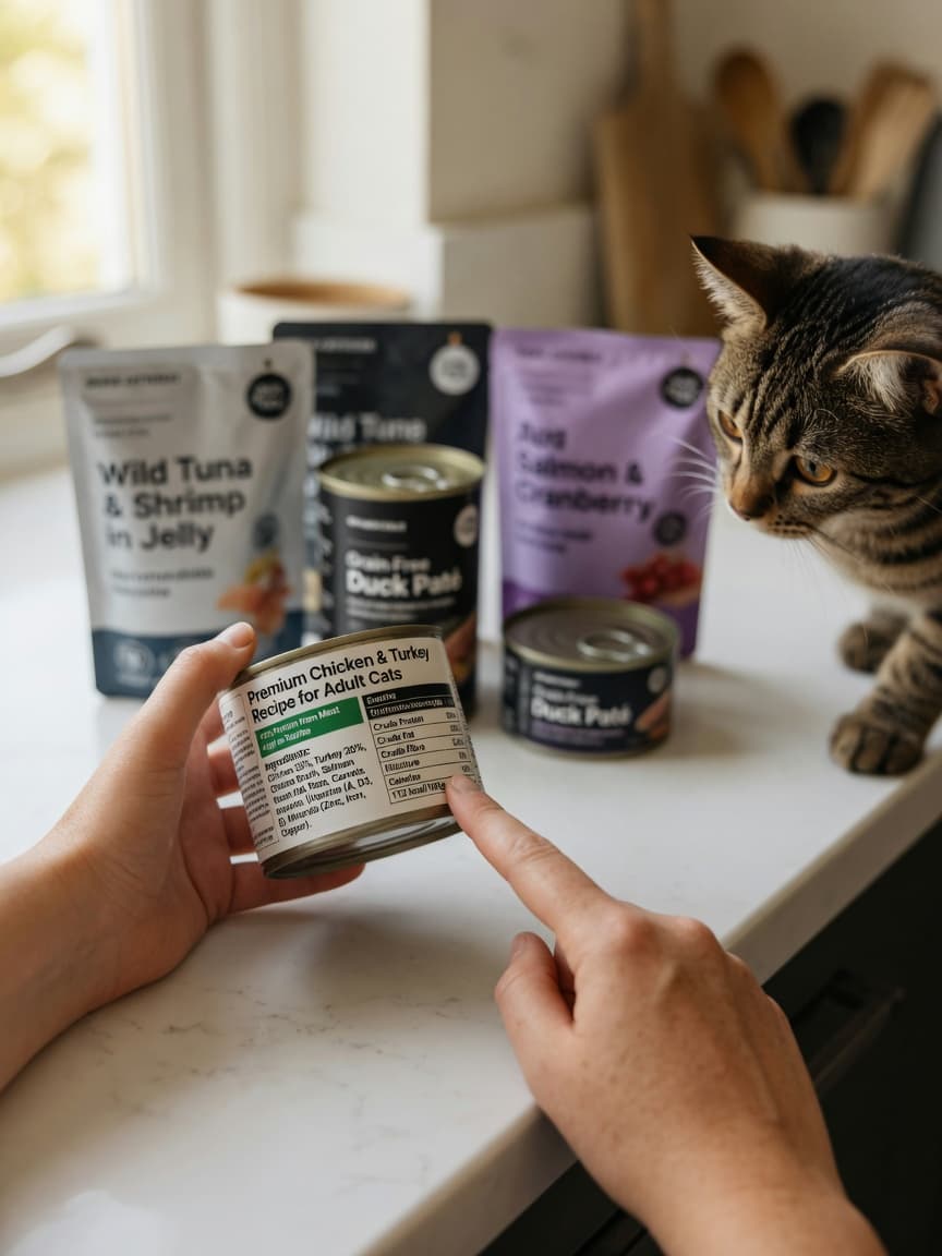 Cat owner reading cat food label with multiple cans and pouches on counter