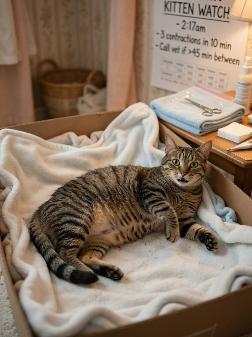 Pregnant tabby cat in active labor on white bedding, showing visible contractions during Stage 2 delivery