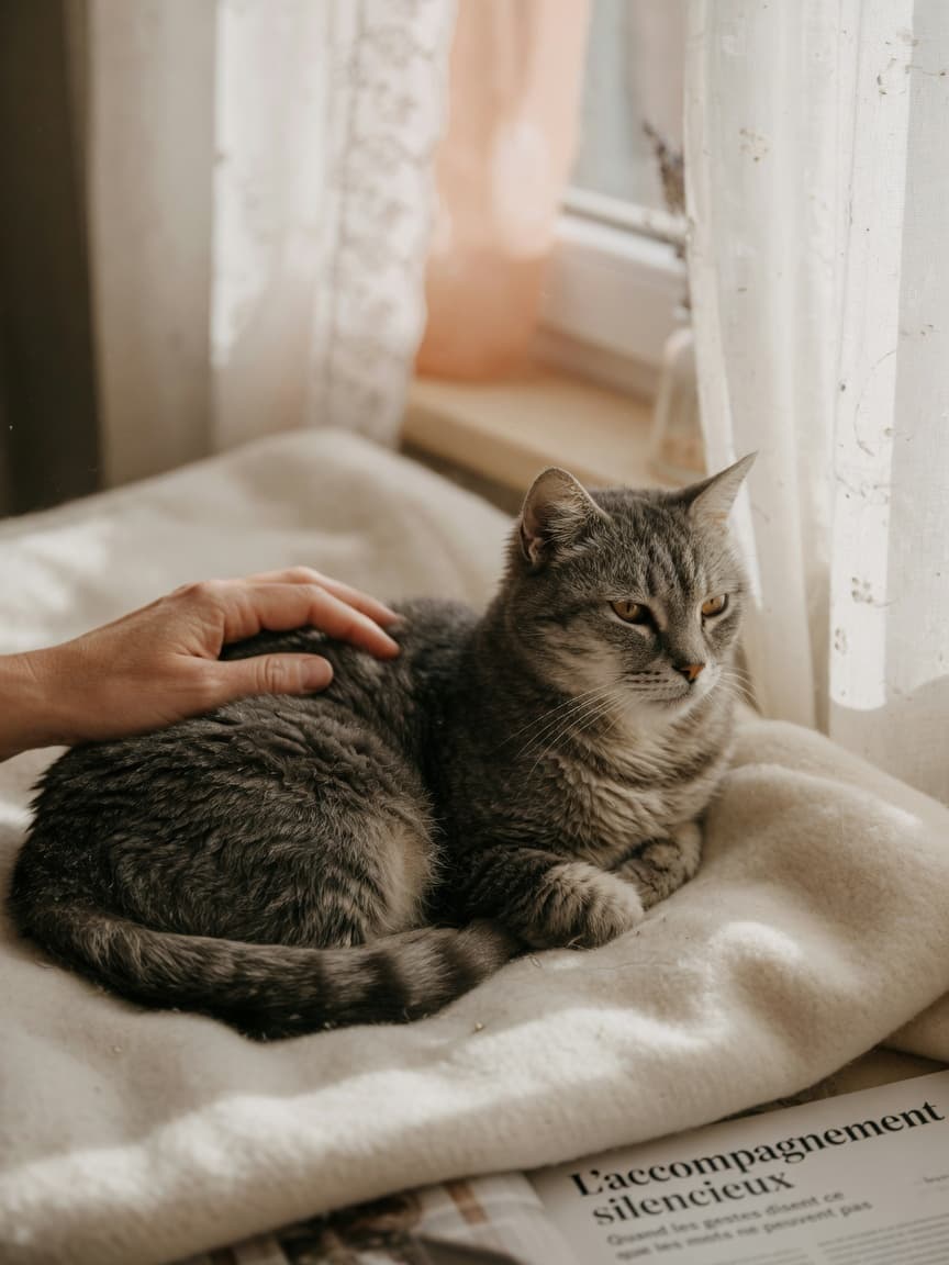 A senior tabby cat resting peacefully on a soft blanket in warm window light with a human hand gently supporting it