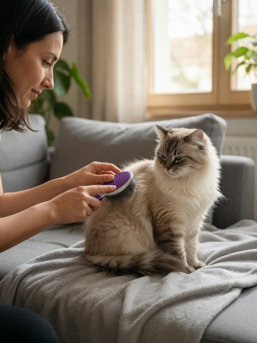 Woman grooming a long-haired tabby cat with a slicker brush on a home couch, natural window light