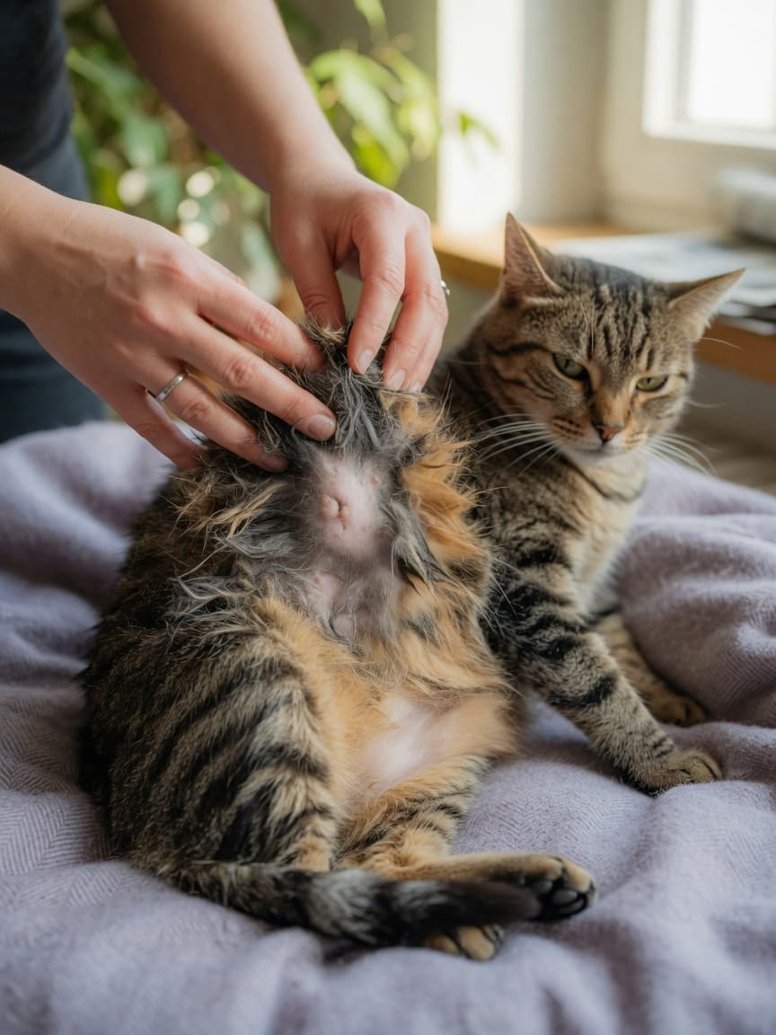 Cat owner examining patchy hair loss on tabby cat's abdomen in natural window light