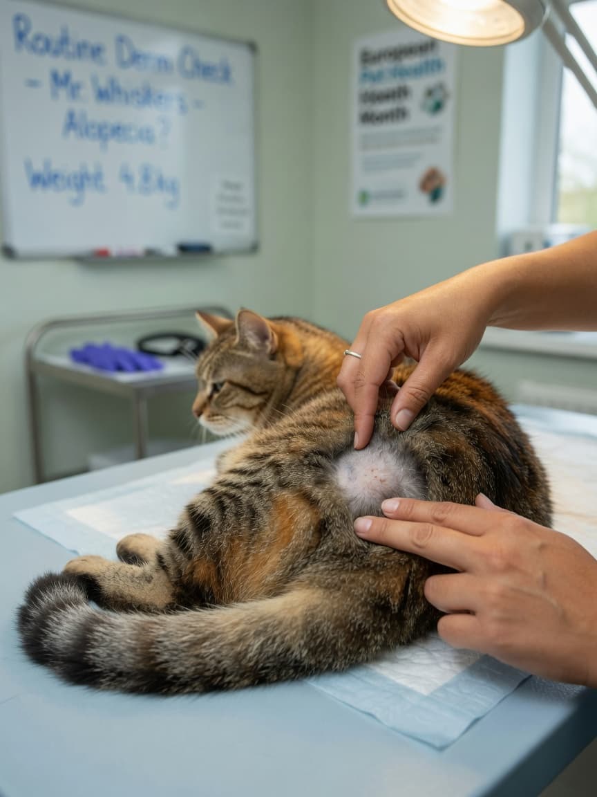 Veterinarian examining a tabby cat's fur and skin to diagnose hair loss during a clinical examination