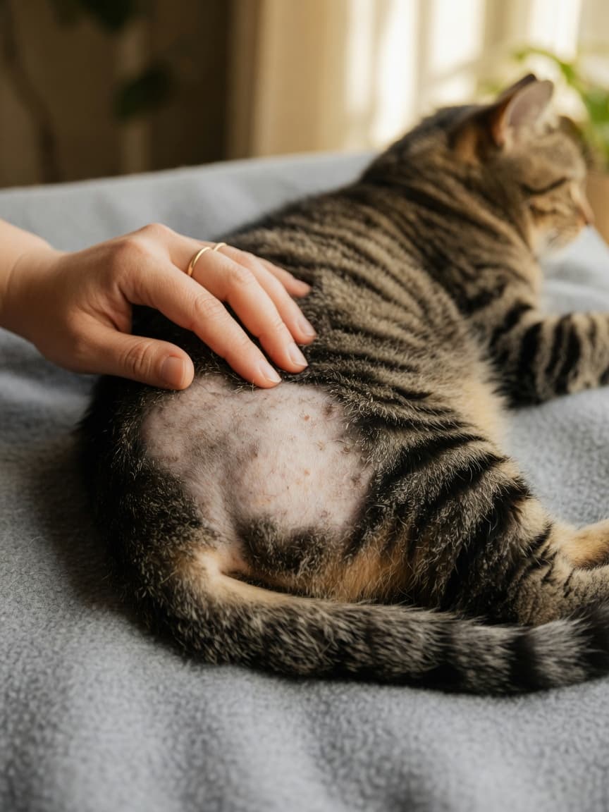 Close-up of a cat's patchy hair loss on lower back and tail base, showing thinned fur and irritated skin with owner's hand gently touching the area.