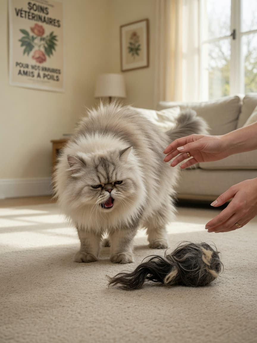 Long-haired Persian cat retching on carpet with hairball visible, owner nearby with concerned expression