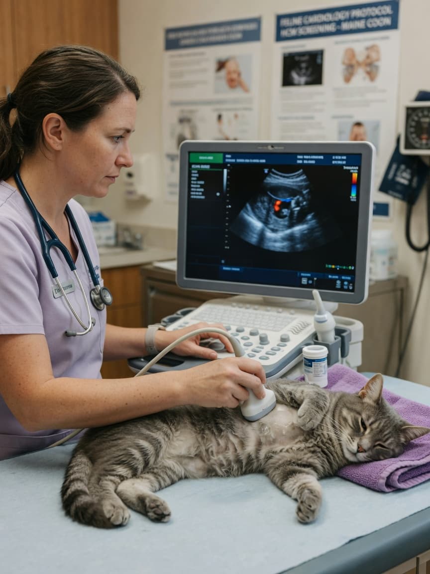 Veterinarian performing echocardiogram ultrasound on cat's chest to diagnose heart disease