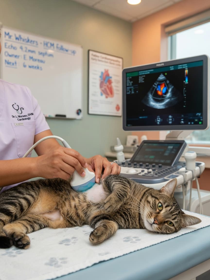 Veterinarian performing echocardiogram on tabby cat during cardiac examination in clinic