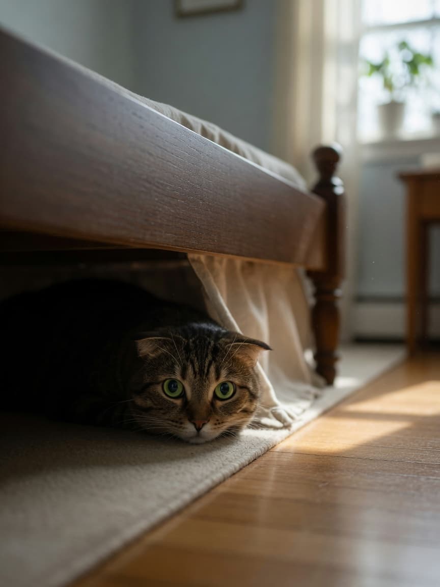 Tabby cat with green eyes hiding under a bed, peering out from shadows