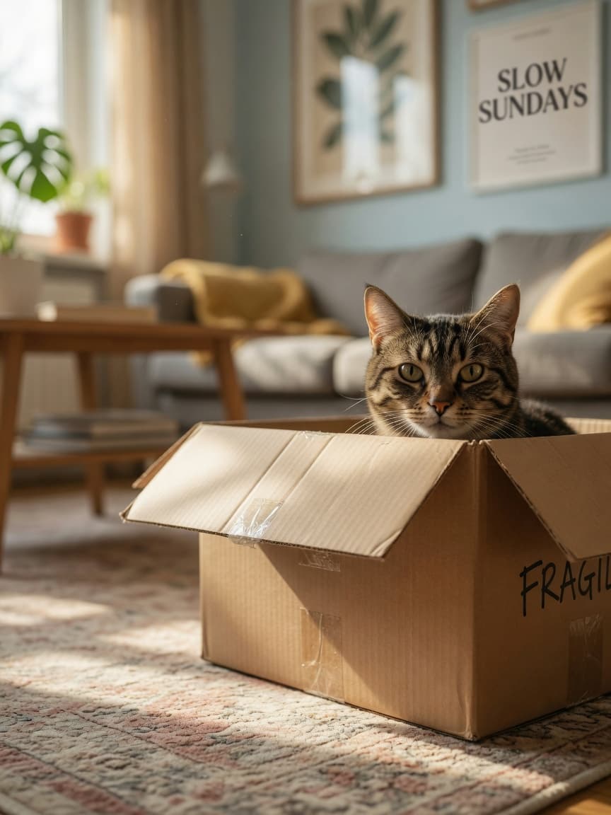 Tabby cat peeking out from inside a cardboard hiding box in a bright home interior