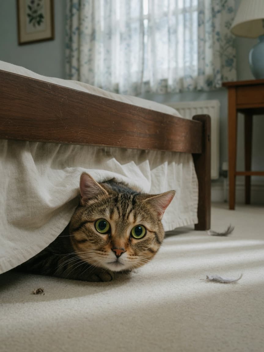 A tabby cat with dilated eyes hiding beneath a bed, peering out cautiously from under the bed skirt