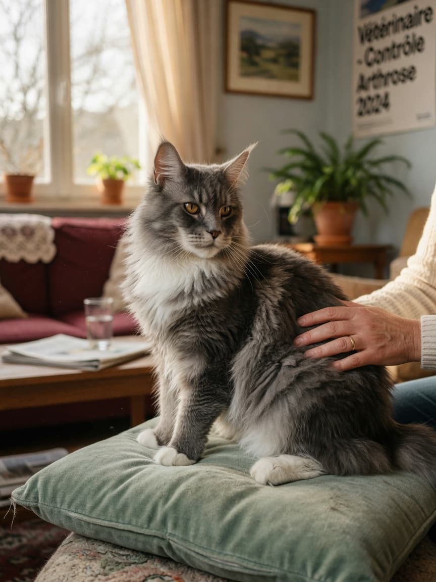 A Maine Coon cat with long gray and white fluffy fur sitting indoors with an owner's hand gently on its lower back, showing subtle signs of stiffness