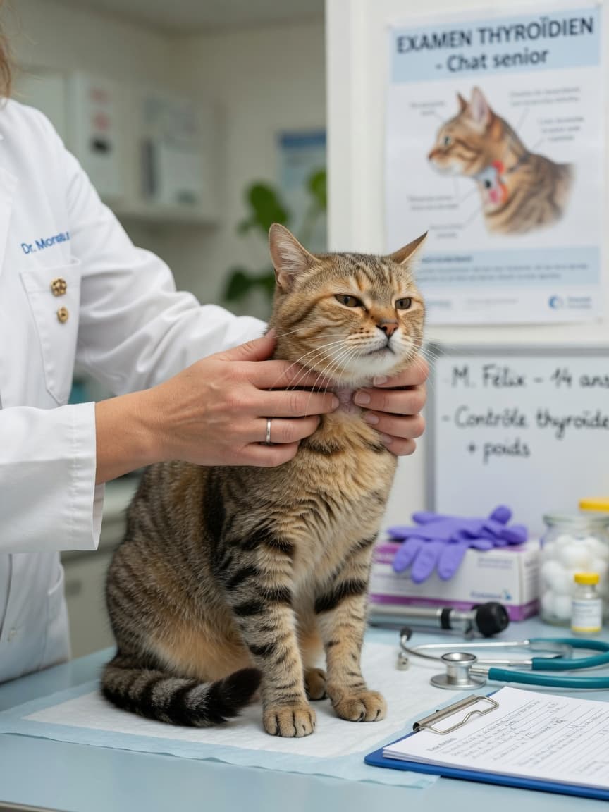Veterinarian palpating senior tabby cat's thyroid gland during hyperthyroidism examination