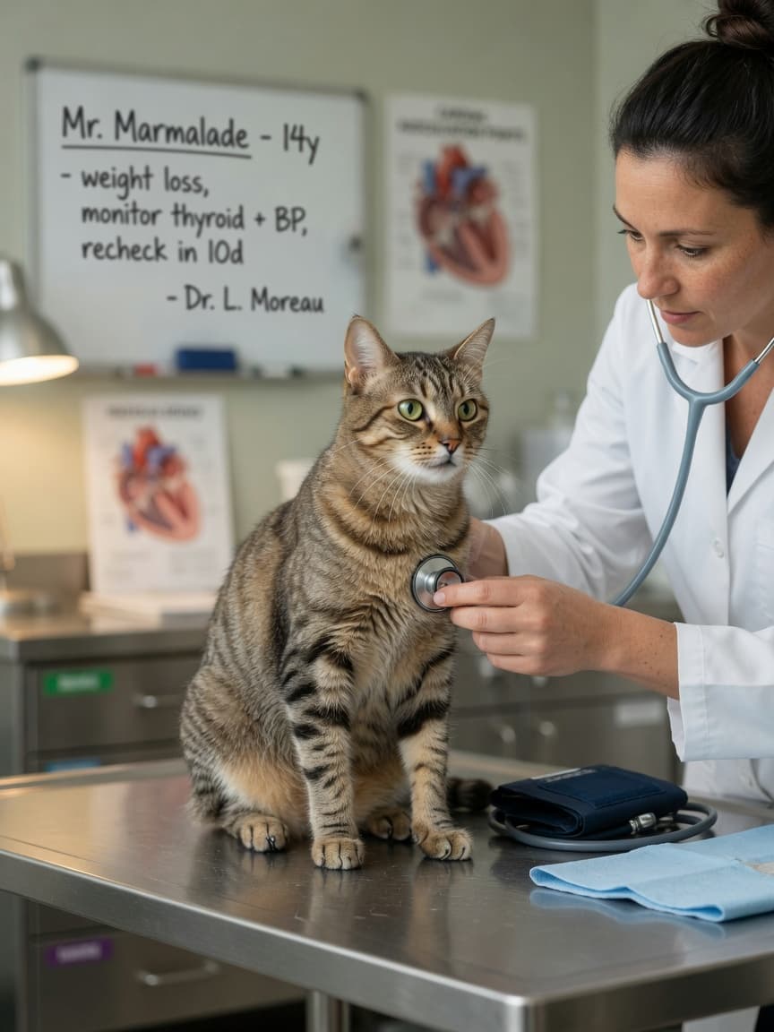 Senior tabby cat being examined by veterinarian with stethoscope on exam table during thyroid diagnosis