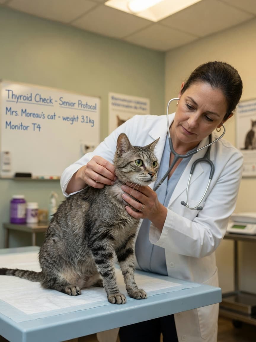 Senior tabby cat receiving thyroid examination from veterinarian