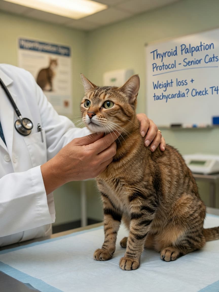 Senior tabby cat undergoing thyroid examination by veterinarian on exam table