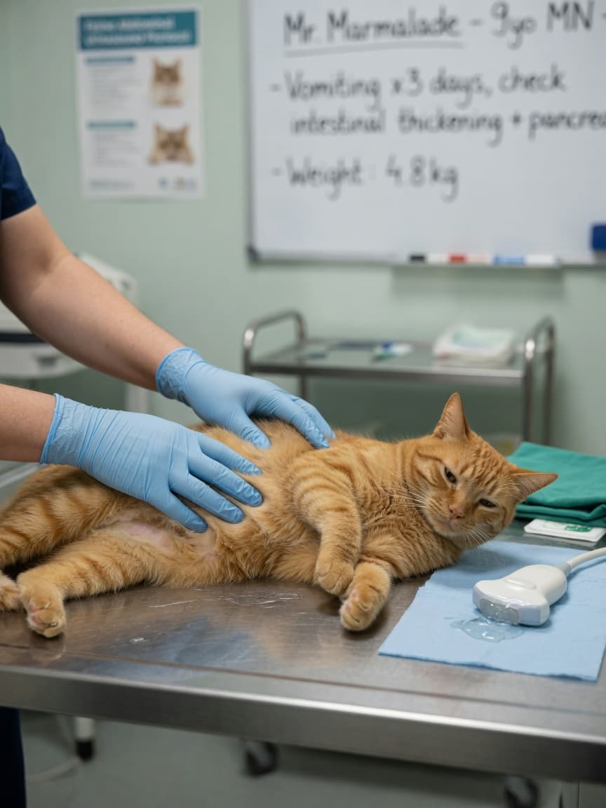 Veterinarian performing abdominal examination on orange tabby cat during diagnostic evaluation for IBD