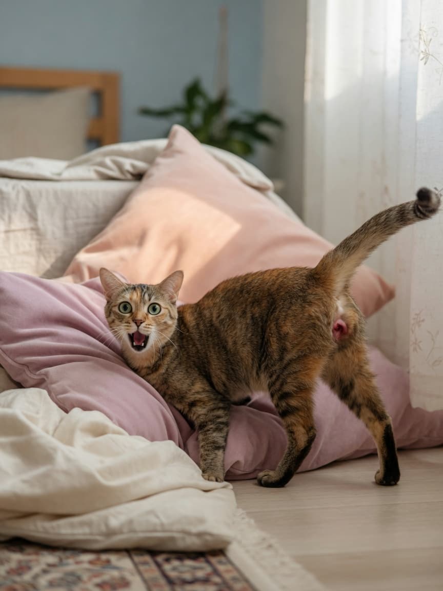 Female cat in heat displaying lordosis posture with raised hindquarters and lowered front end, vocalizing with open mouth on bedroom floor in warm natural light