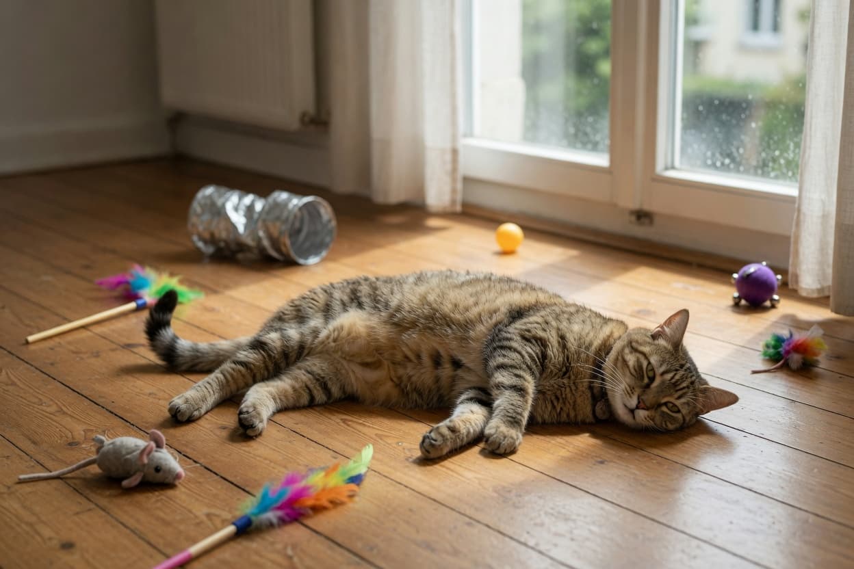 A bored tabby cat lying on a hardwood floor next to a window, staring blankly with disengaged eyes and toys scattered nearby
