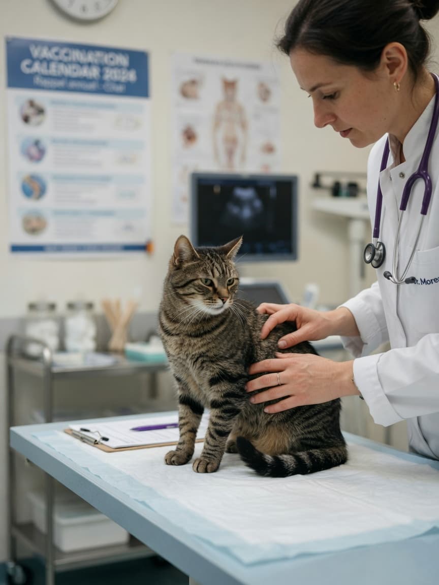 Veterinarian examining a tabby cat's abdomen during a clinical examination