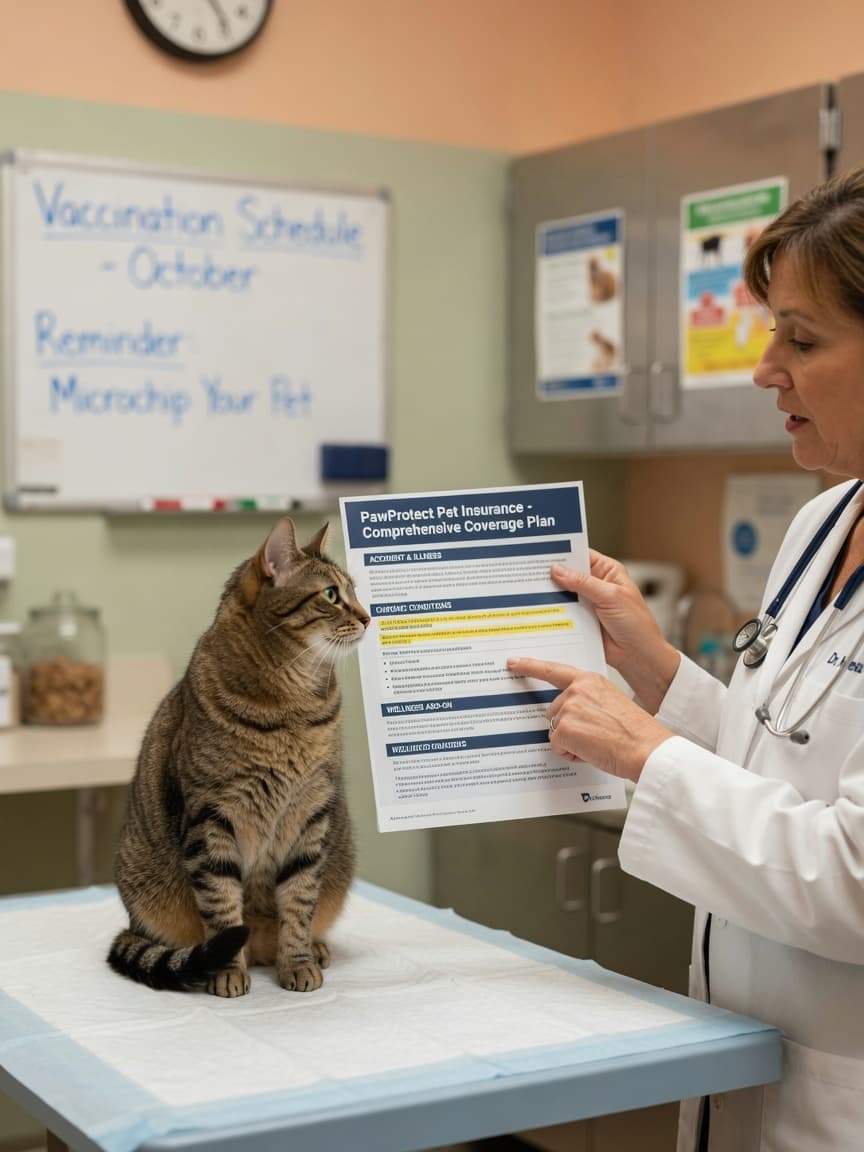 Veterinarian reviewing a cat insurance policy document with a tabby cat on examination table
