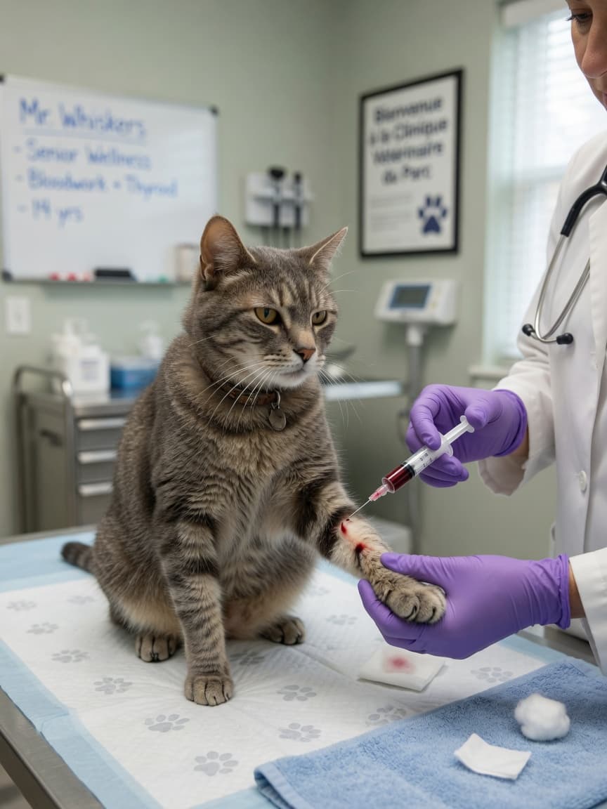 Senior tabby cat having blood drawn by veterinarian for kidney disease screening