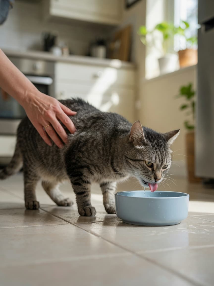 Senior tabby cat drinking water from a bowl with owner's hand nearby, showing signs of increased thirst