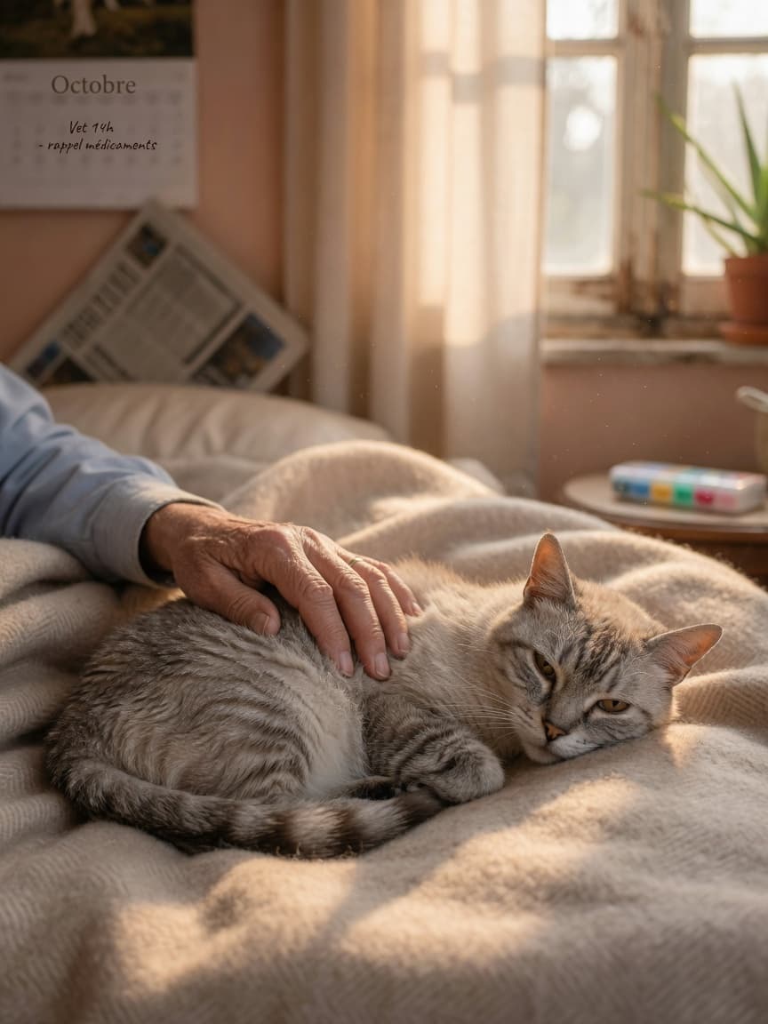 Senior tabby cat resting peacefully on soft blanket with owner's hand gently placed on its back, warm window light in background