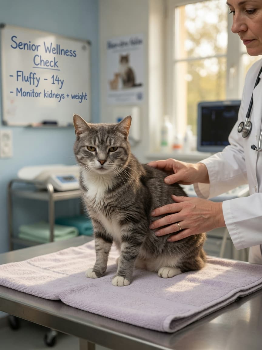 Senior tabby cat being gently examined by a veterinarian during a kidney assessment consultation