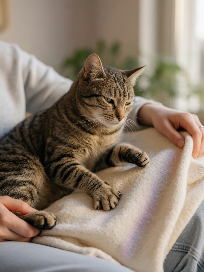 A tabby cat kneading contentedly on a soft blanket over a person's lap, demonstrating the classic milk-treading behaviour