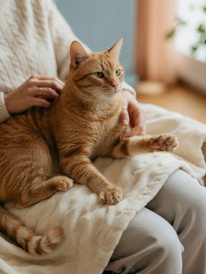 Ginger tabby cat kneading a blanket on owner's lap with contentment