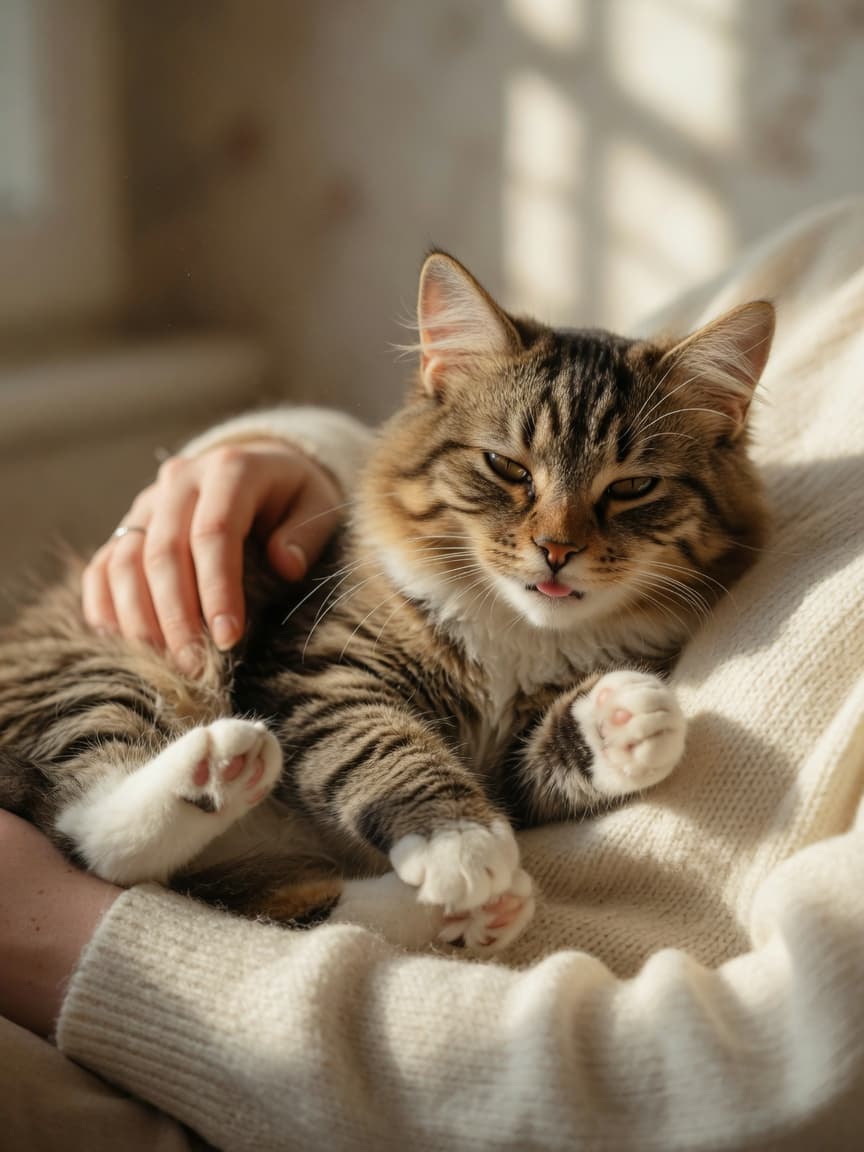 Tabby cat kneading on person's lap with contentment