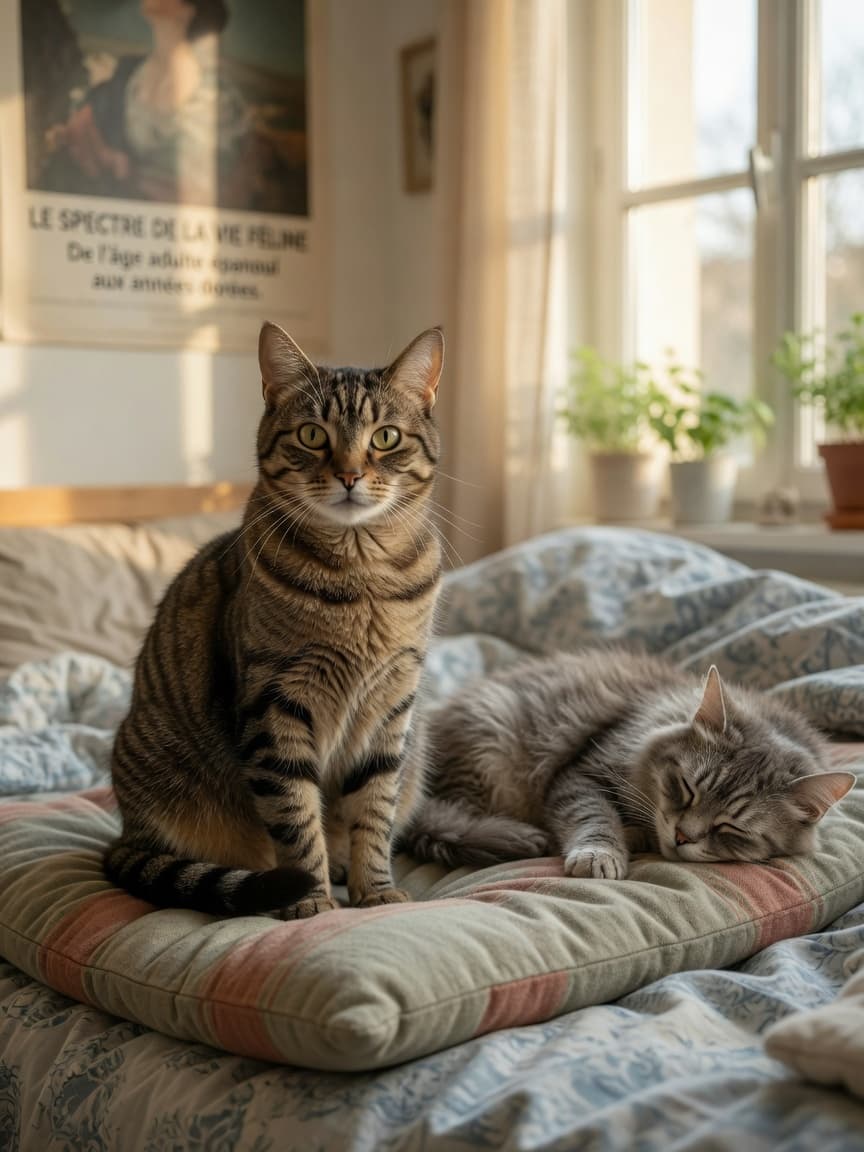 Two cats of different ages side by side in warm natural light, symbolizing feline longevity factors