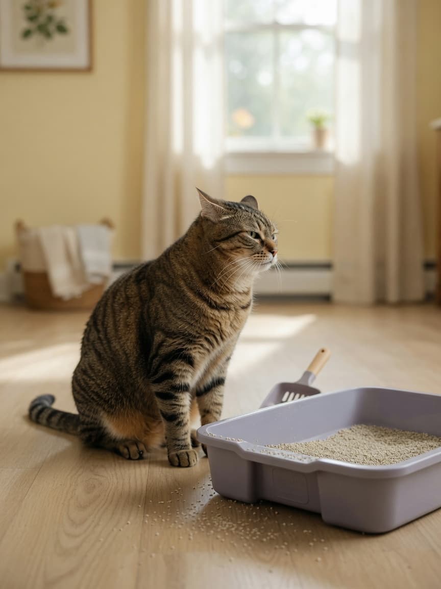 A tabby cat sitting beside a litter box with an expression of discomfort, refusing to use it, demonstrating litter box avoidance behavior.
