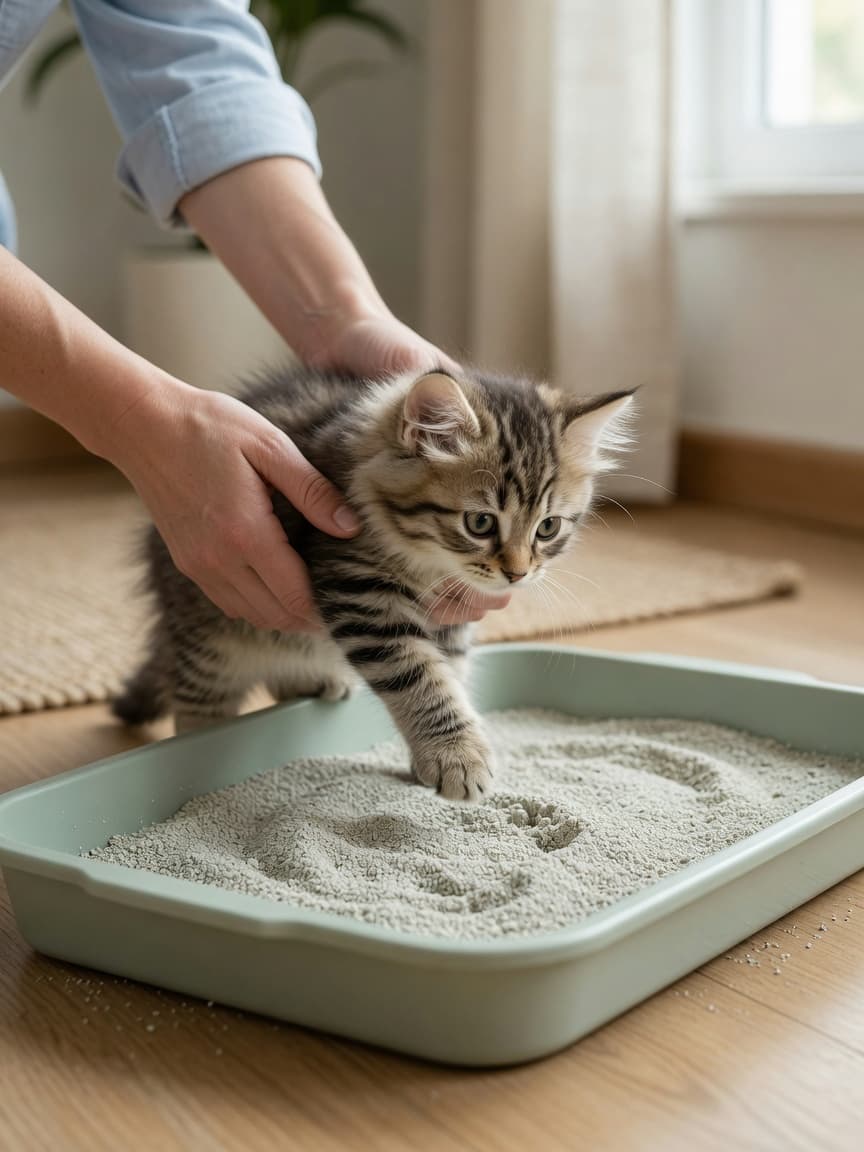 Kitten being gently placed into a low-sided litter box during training