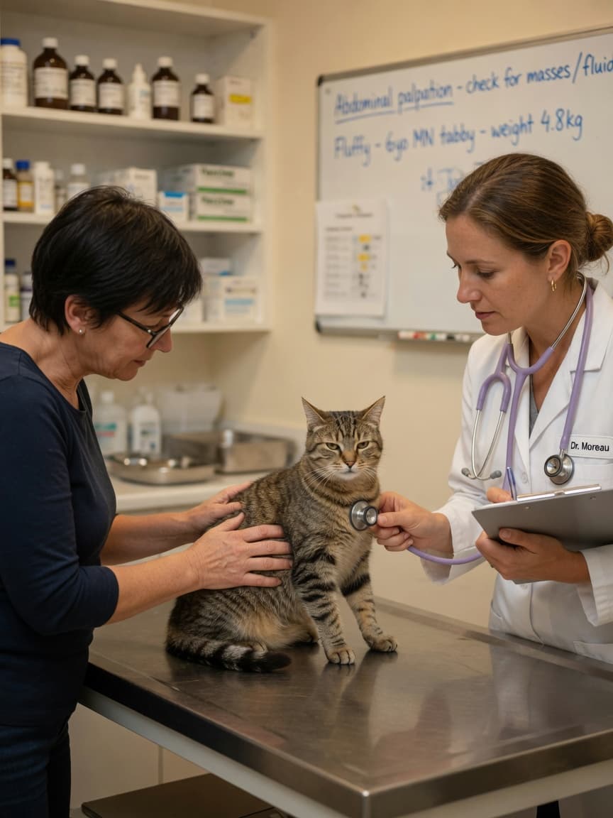 Veterinarian examining a tabby cat's abdomen while owner watches during liver disease examination