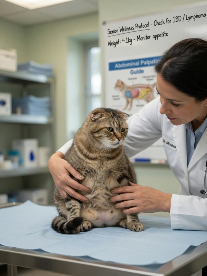 Veterinarian performing abdominal examination on senior tabby cat to assess for lymphoma