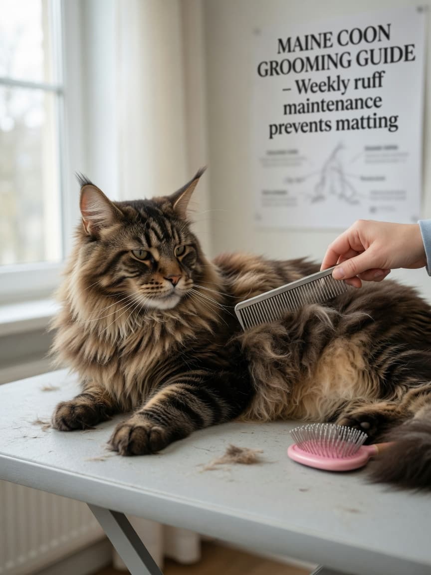Maine Coon cat receiving grooming with a wide-tooth comb on grooming table during a professional grooming session