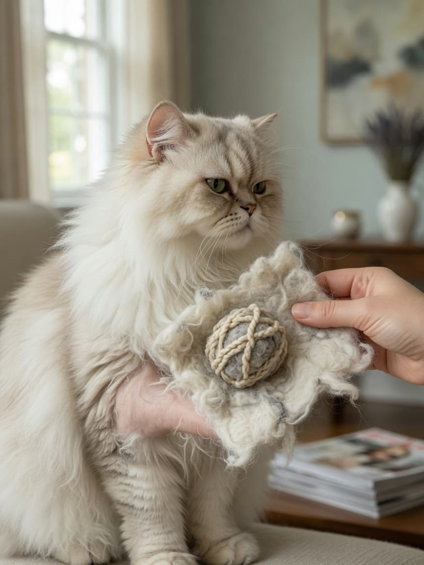 Close-up of a matted section of a long-haired Persian cat's fur near the armpit, with human hands gently examining the tangled mat in natural light