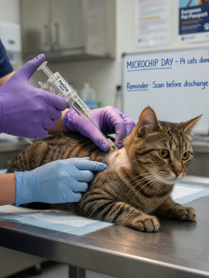 Veterinarian implanting a microchip between a tabby cat's shoulder blades during a clinical procedure