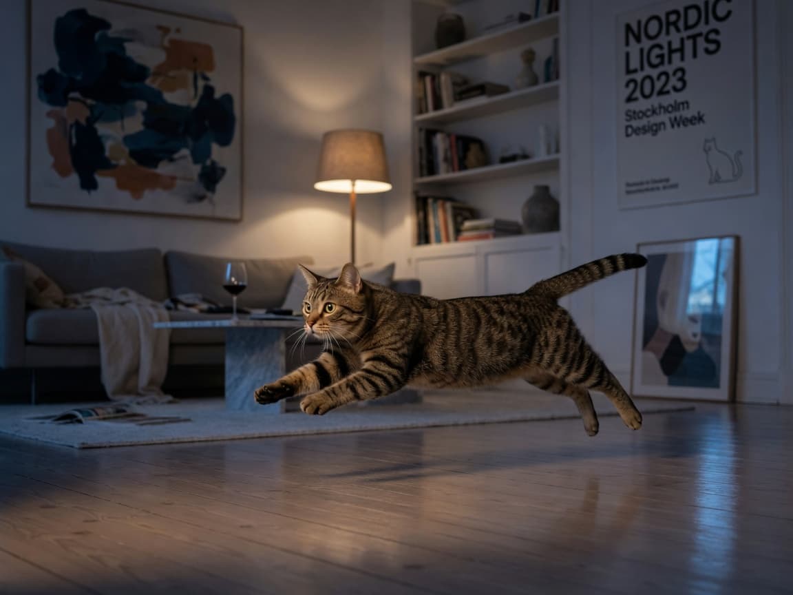 Tabby cat sprinting across living room floor at night in dynamic motion, demonstrating the midnight zoomies.
