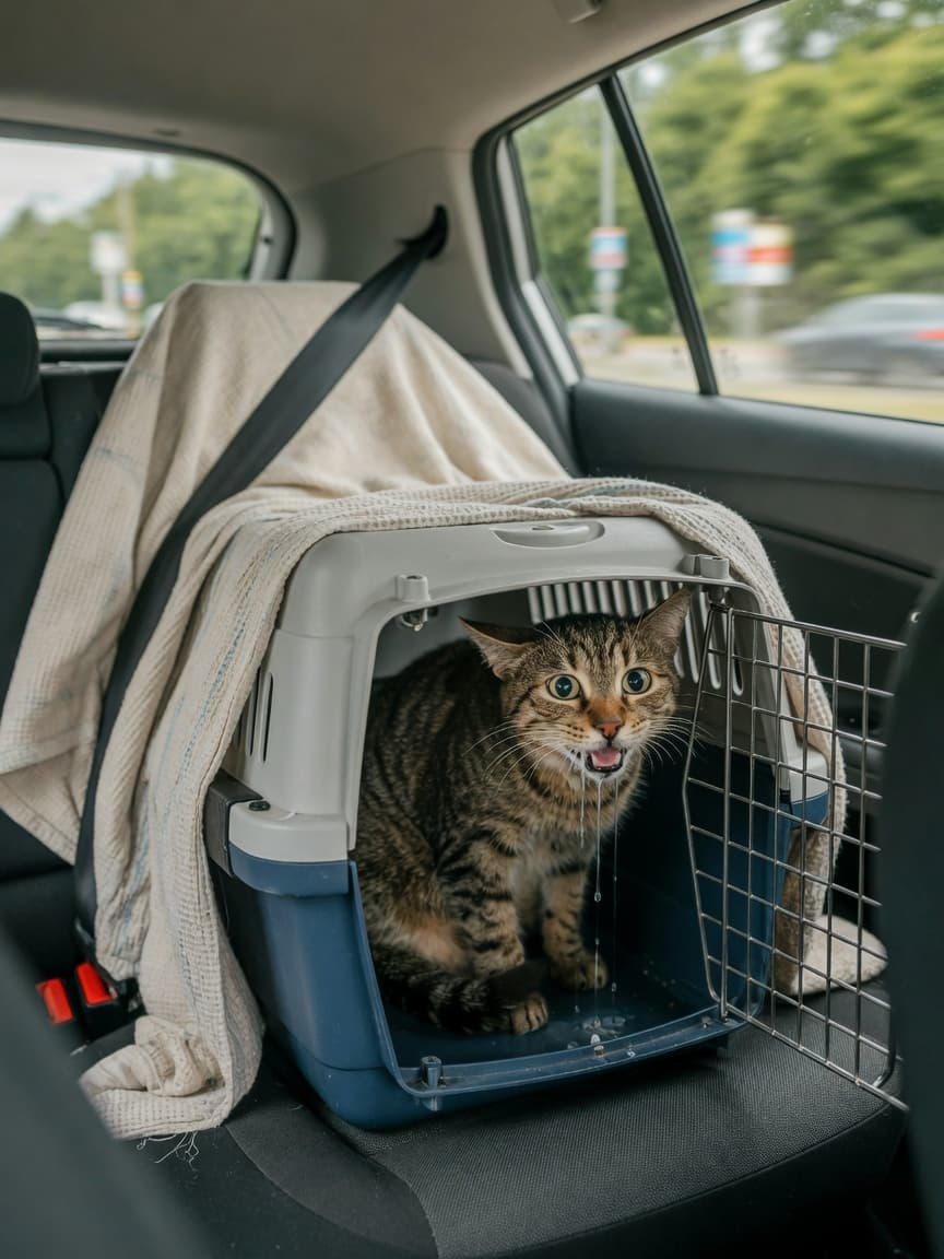 Distressed tabby cat with drool in a secured pet carrier in a moving car, showing signs of motion sickness