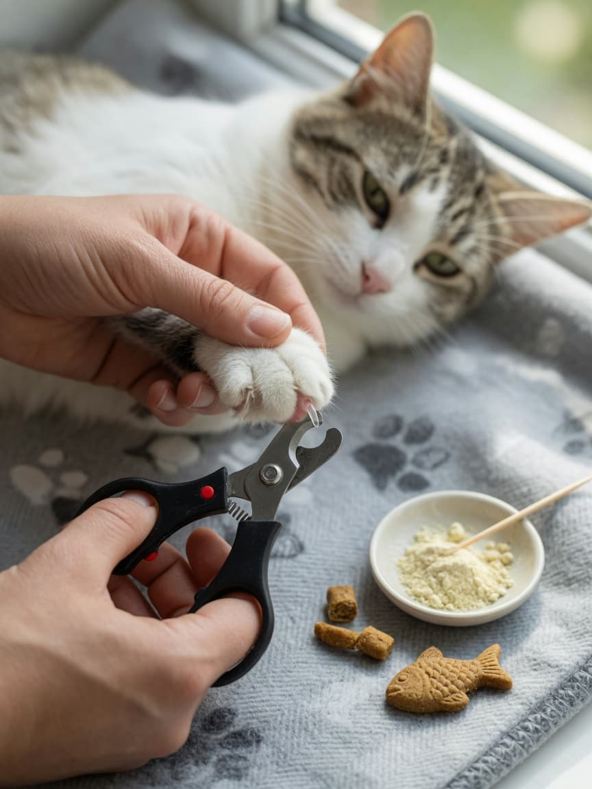 Owner's hand gently holding a cat's paw with nail clippers ready, bright light showing the nail's quick, with grooming supplies nearby
