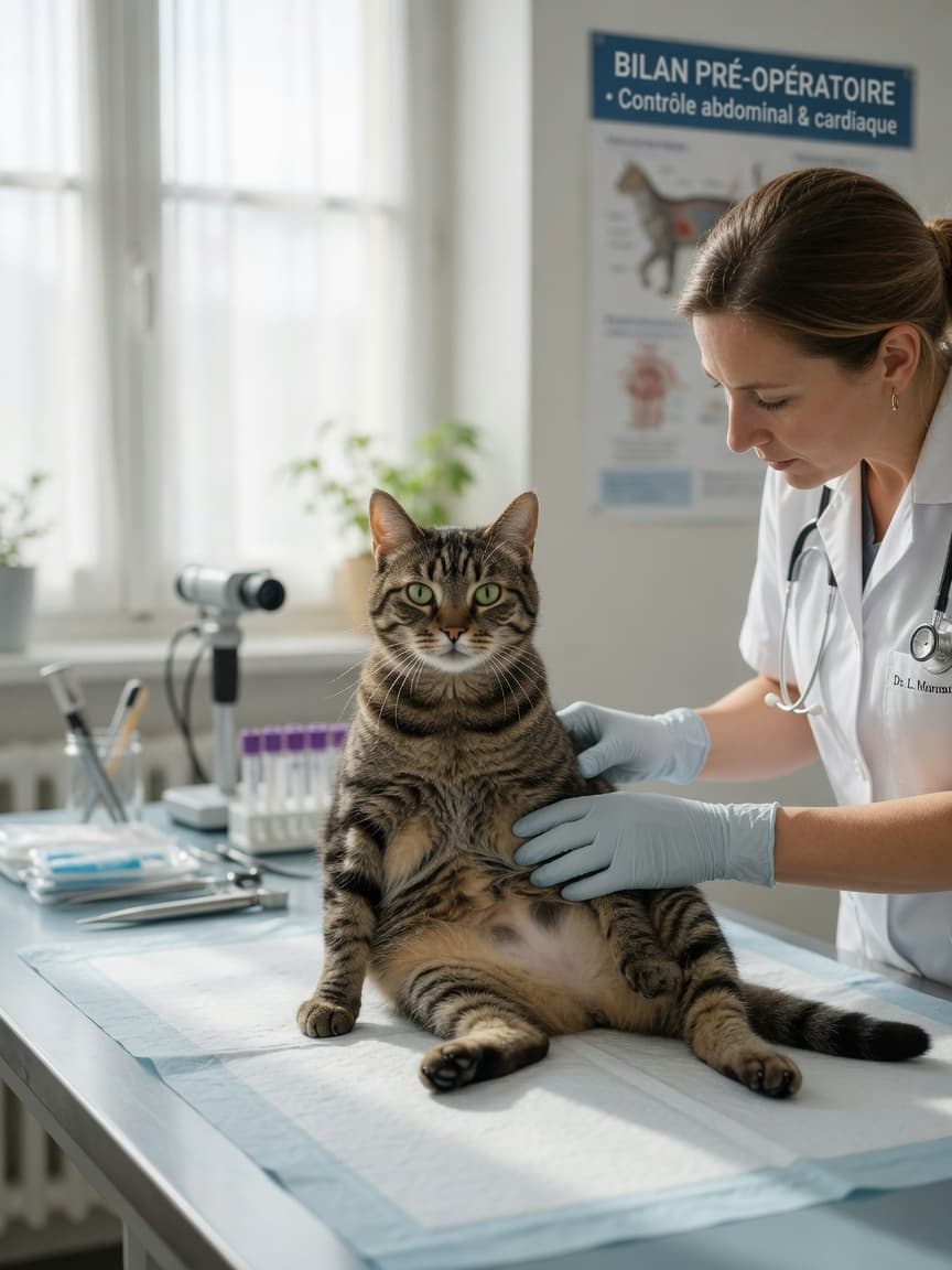 Veterinarian examining a tabby cat on an examination table during pre-operative consultation
