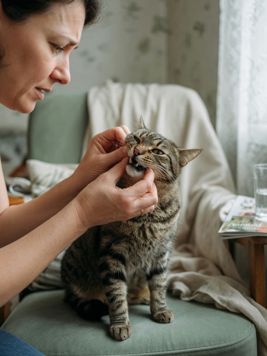 Cat owner gently examining a tabby cat's mouth and face for signs of dental disease in natural home lighting
