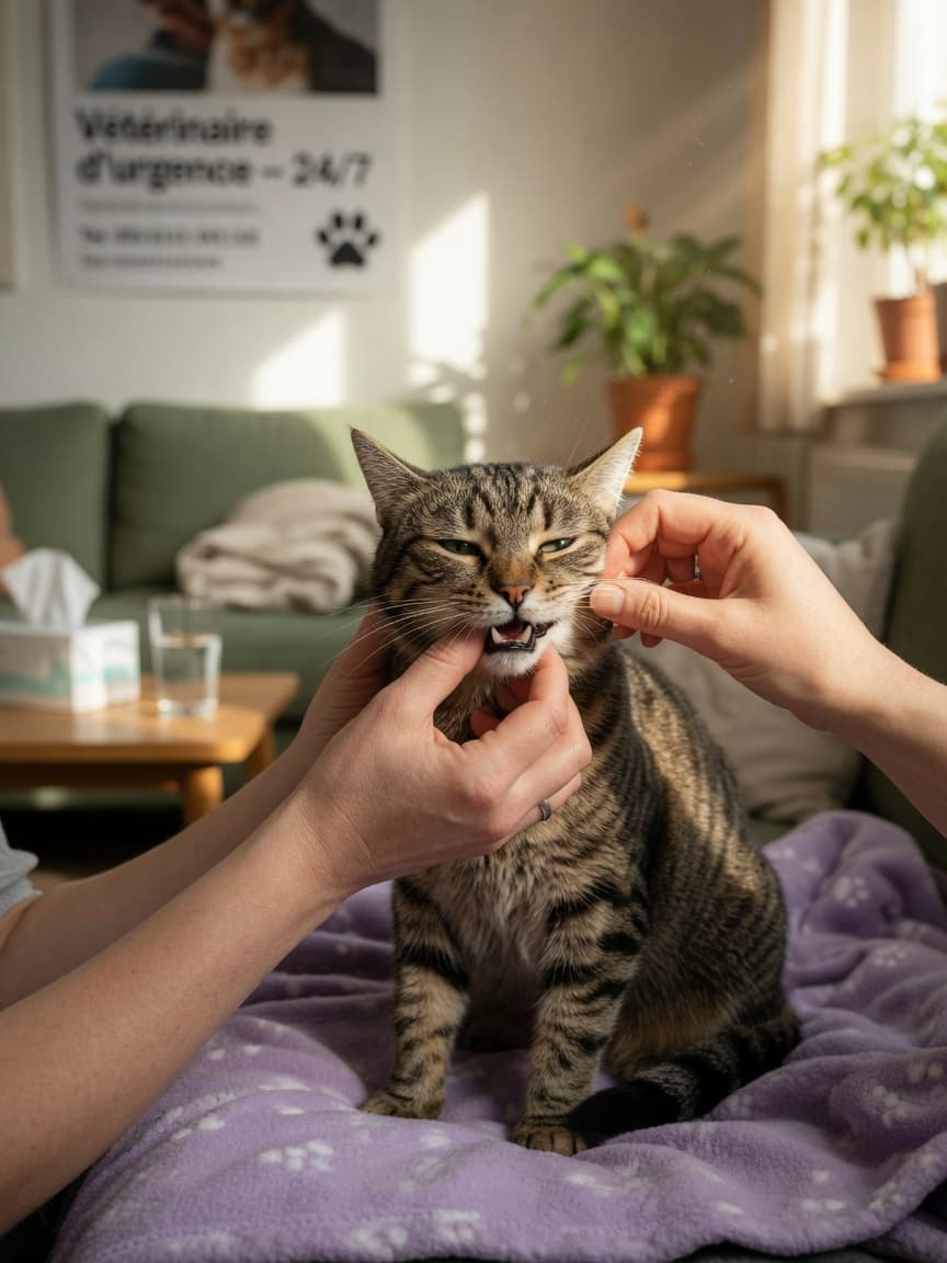 Cat owner gently examining their sick cat's mouth to check for dental problems
