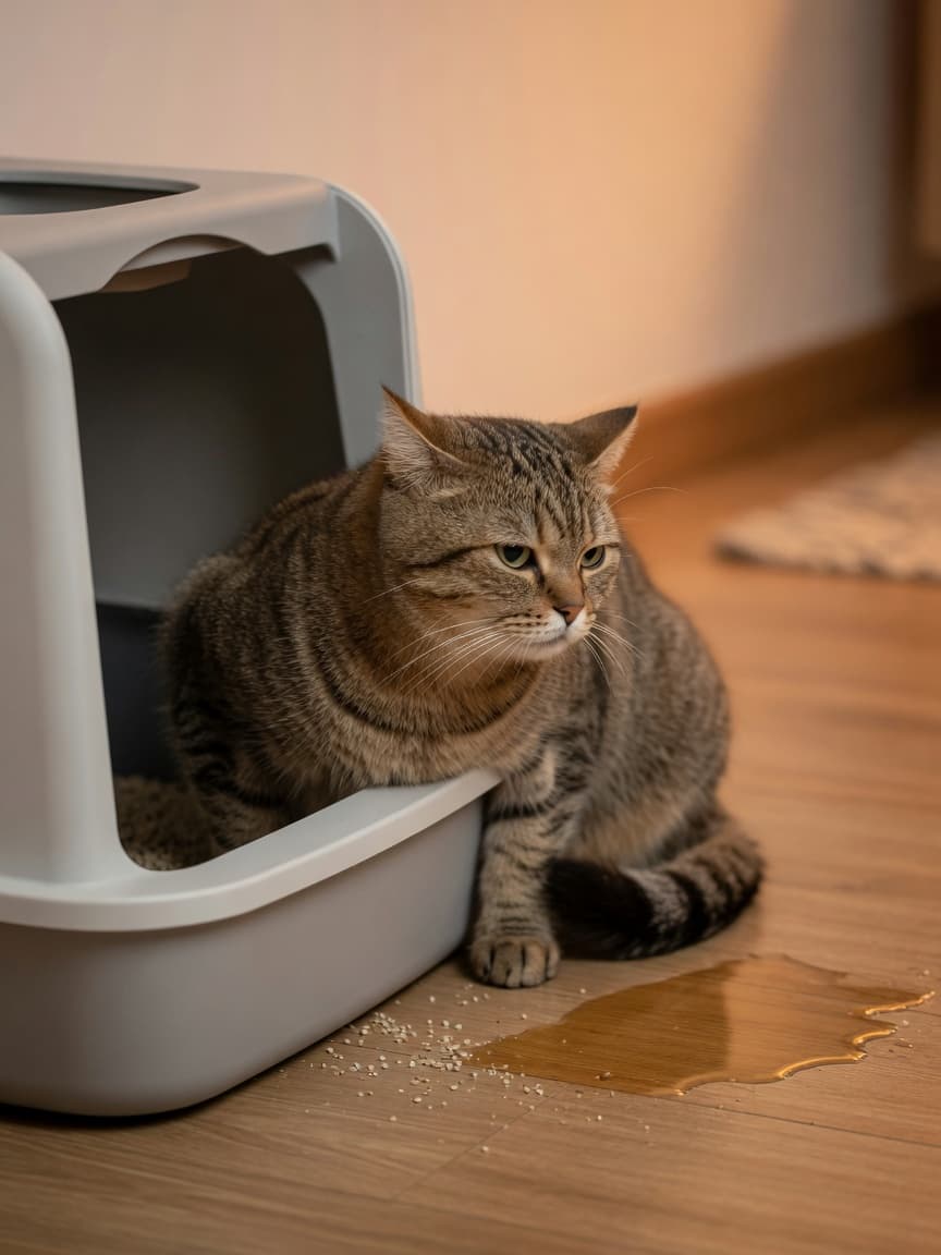 Tabby cat showing reluctance near litter box with accident on floor