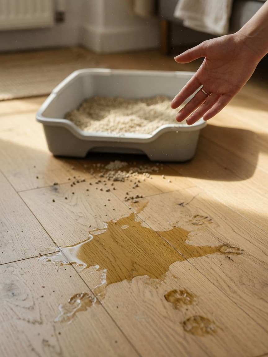 Cat owner discovering litter box accident on home floor
