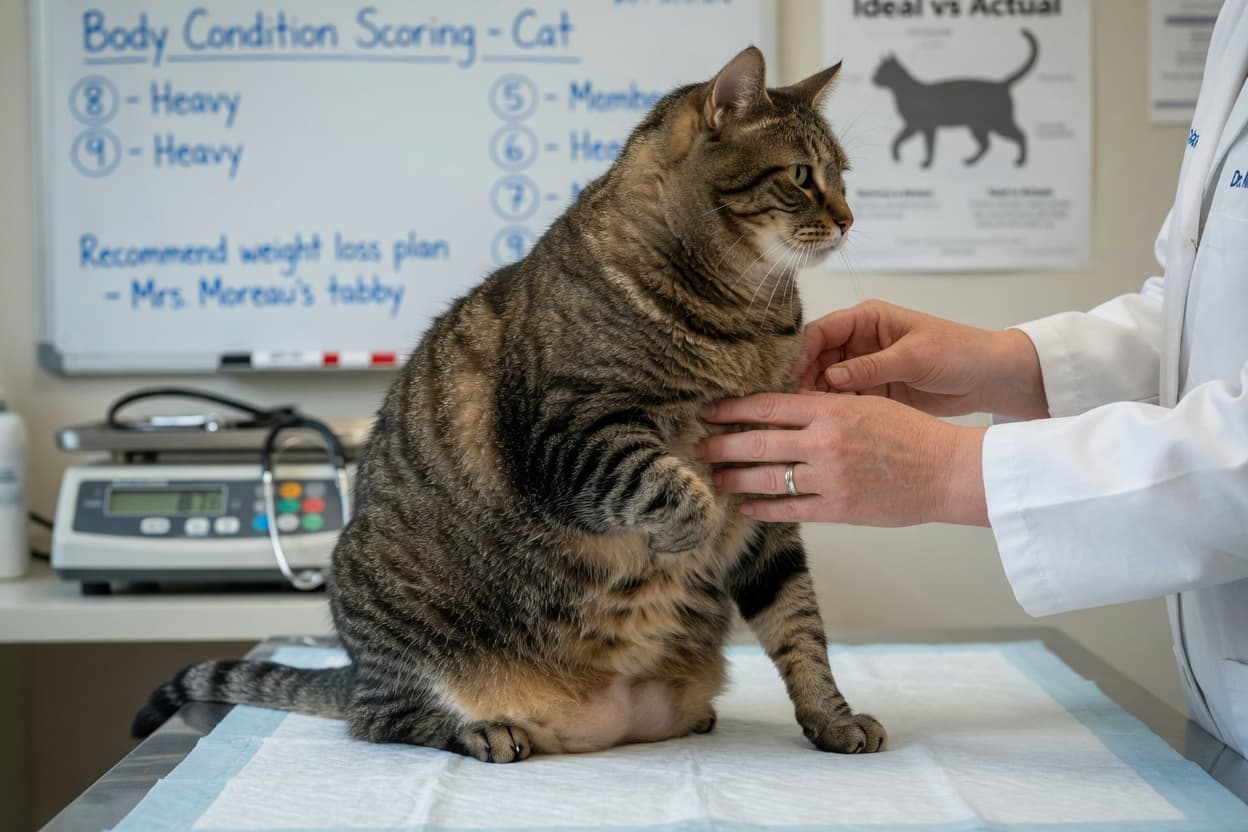 Veterinarian assessing an overweight cat's body condition by palpating its ribcage during an examination