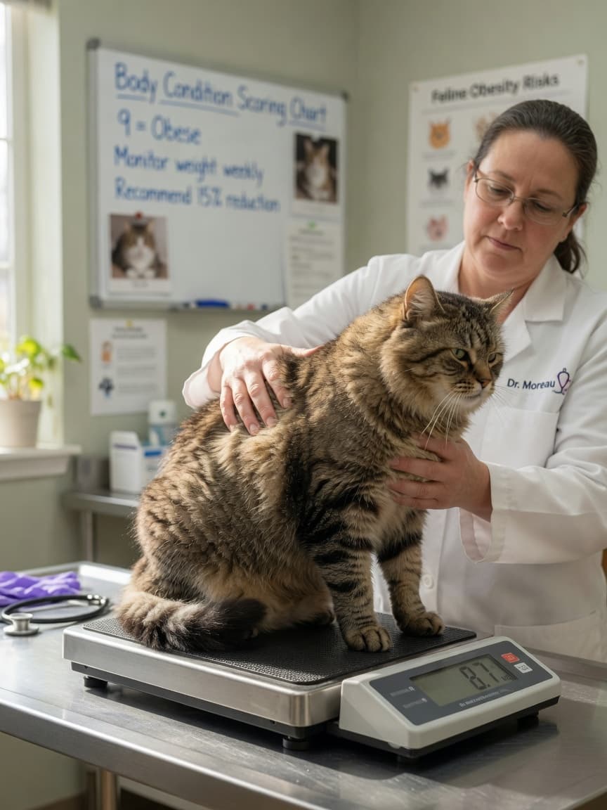 Overweight tabby cat on a veterinary scale being examined by a vet for body condition assessment